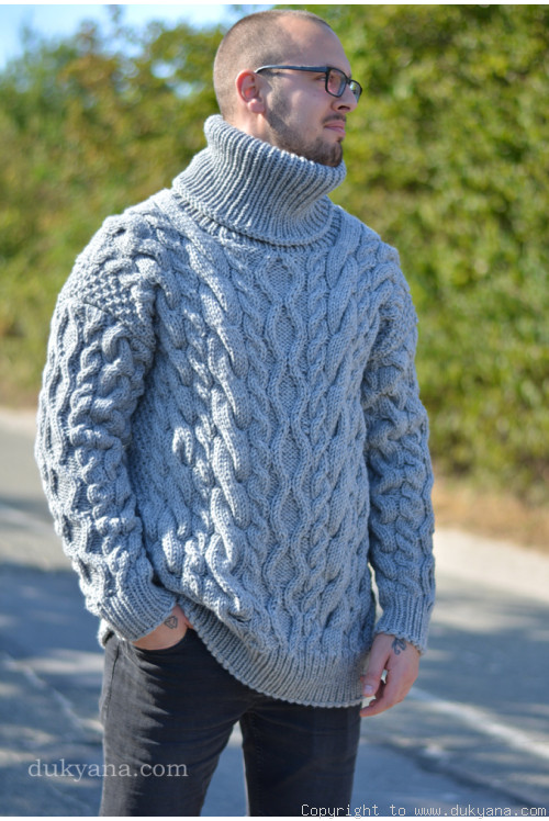 Mens sweater handknit in gray from soft wool