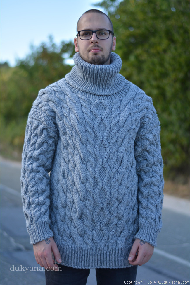 Knitted mens sweater winter warm cabled jumper handmade in light gray/TM83