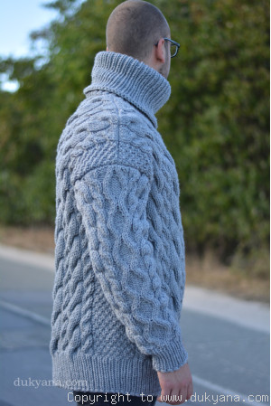 Mens soft wool sweater handknit in light gray 