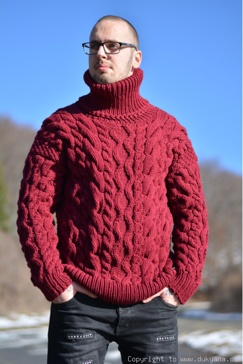 Knitted mens sweater winter warm cabled jumper handmade in dark red/TM86