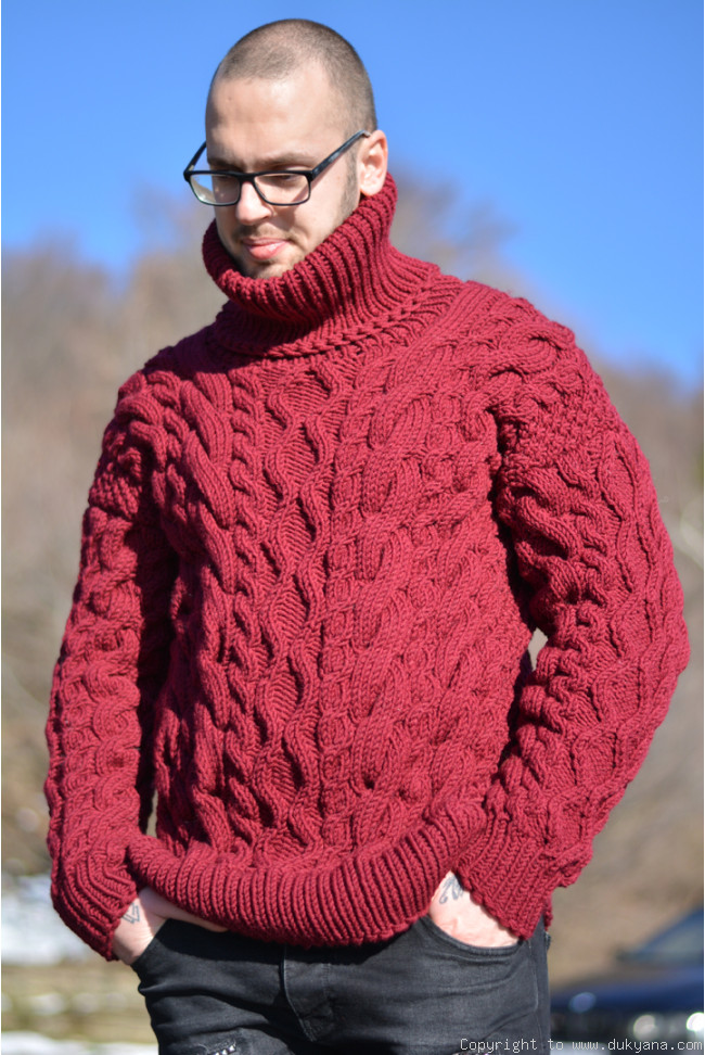 Knitted mens sweater winter warm cabled jumper handmade in dark red/TM86