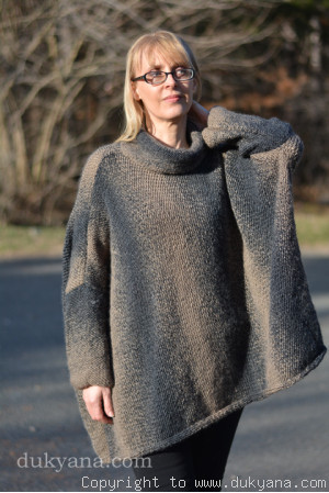 Knitted wool blend poncho in beige-brown mix