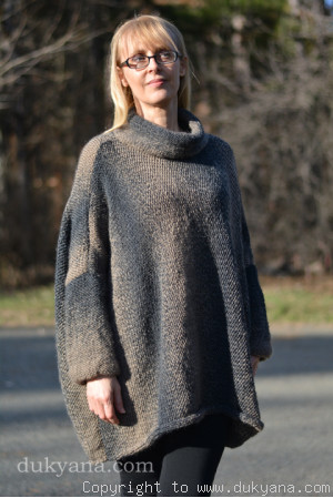 Knitted wool blend poncho in beige-brown mix