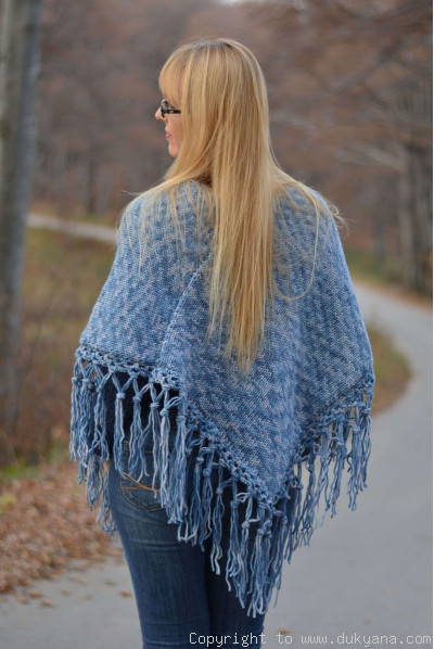 Knitted wool blend poncho in blue mix
