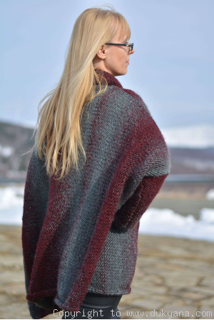Knitted wool blend poncho in gray red mix