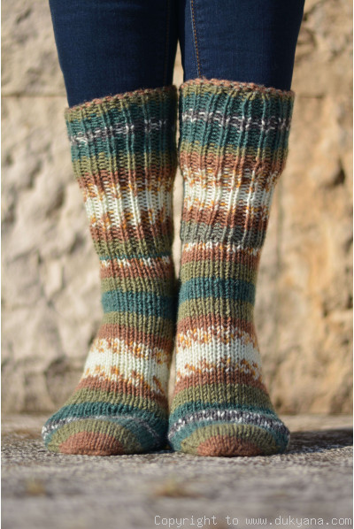 Handmade wool socks in green brown mix