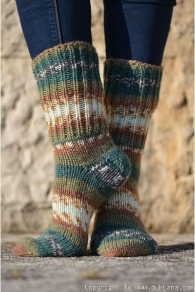 Handmade wool socks in green brown mix