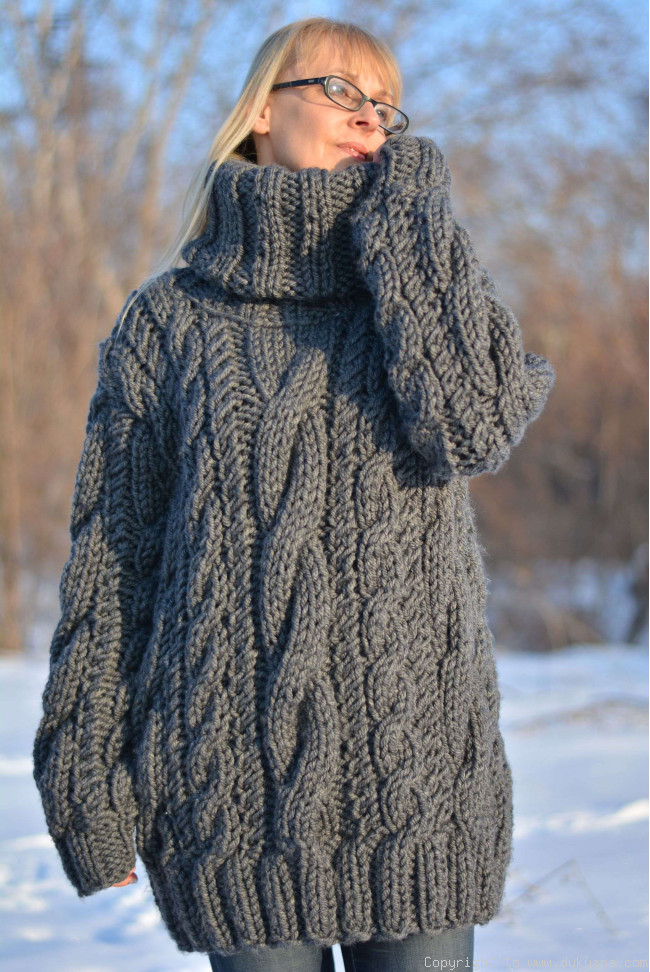 Huge wool cabled sweater in gray hand knitted/H9