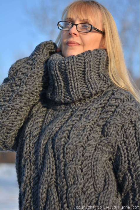 Huge wool cabled sweater in gray hand knitted/H9