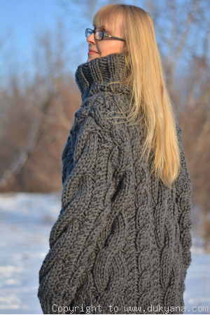 Huge wool cabled sweater in gray hand knitted