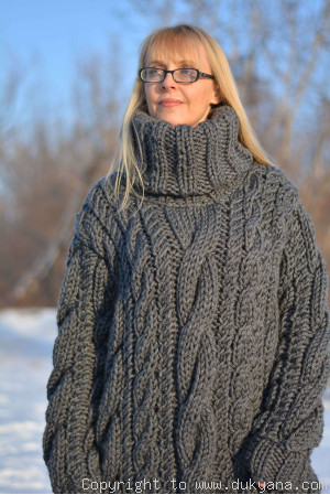 Huge wool cabled sweater in gray hand knitted